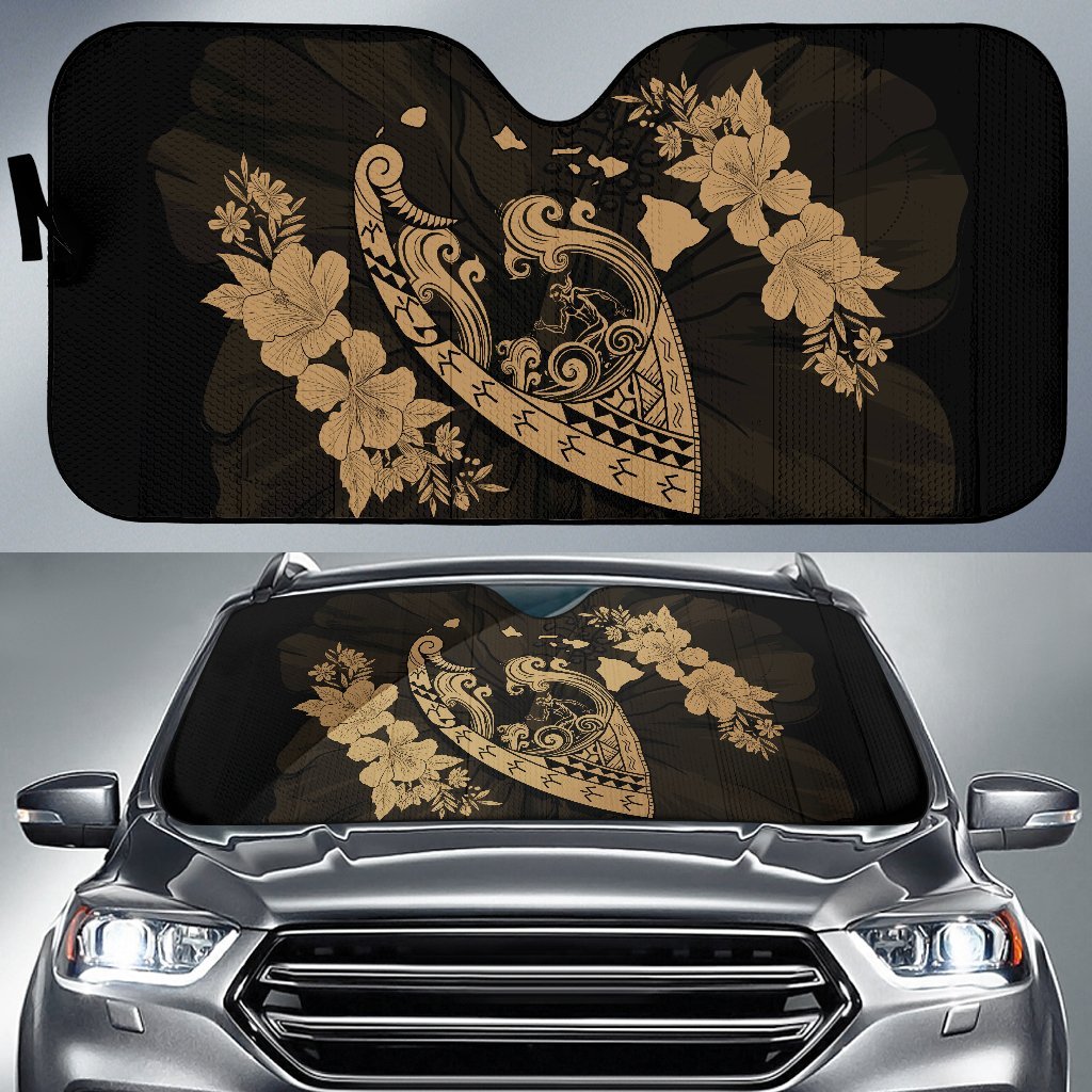 Hawaii Hibiscus Banzai Surfing Car Sun Shade - AH - Gold Auto Sun Shade Universal Fit Gold - Polynesian Pride