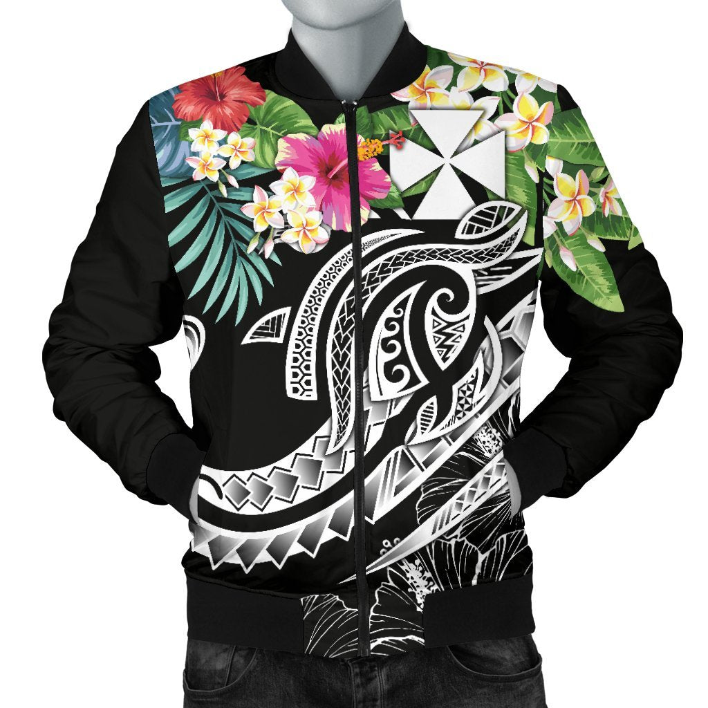 Wallis and Futuna Polynesian Men's Bomber Jacket - Summer Plumeria (Black) Black - Polynesian Pride