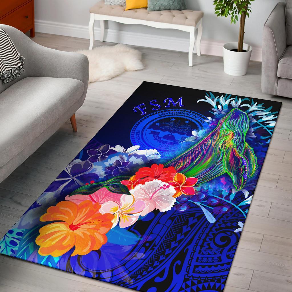 Federated States of Micronesia Area Rug - Humpback Whale with Tropical Flowers (Blue) Blue - Polynesian Pride