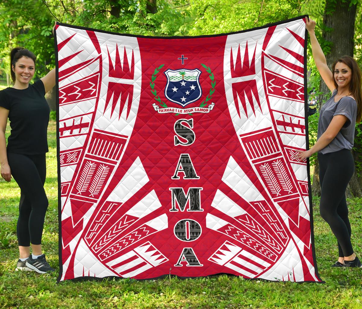 Samoa Premium Quilt - Samoa Coat Of Arms Polynesian White Tattoo (Red) - Polynesian Pride