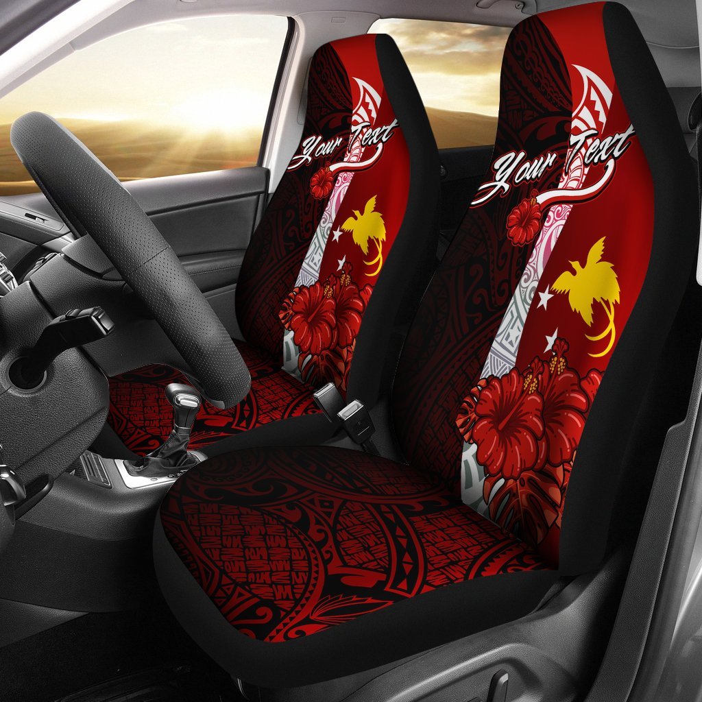 Papua New Guinea Polynesian Custom Personalised Car Seat Covers - Coat Of Arm With Hibiscus Universal Fit Red - Polynesian Pride