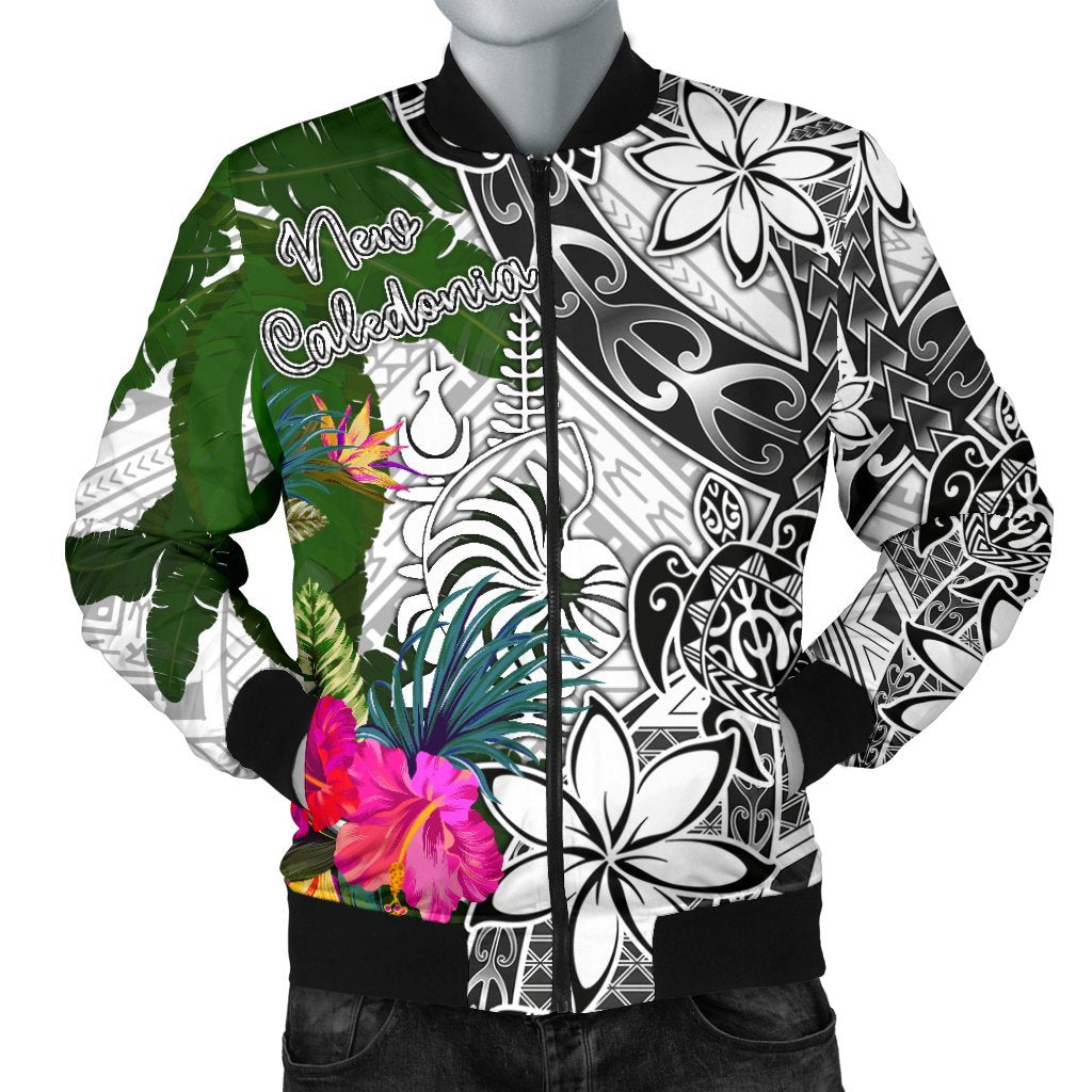 New Caledonia Men's Bomber Jacket White - Turtle Plumeria Banana Leaf Crest White - Polynesian Pride