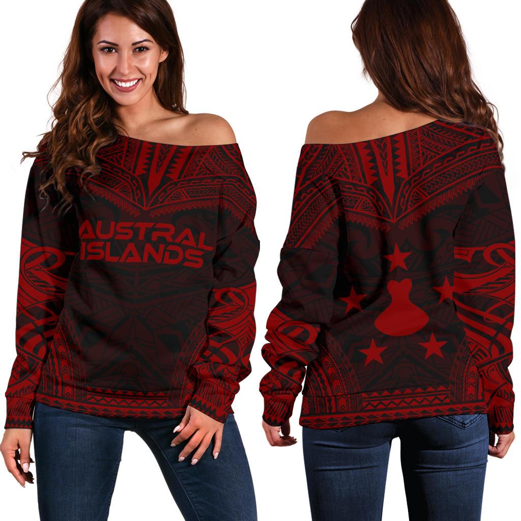 Austral Islands Polynesian Chief Women's Off Shoulder Sweater - Red Version Red - Polynesian Pride