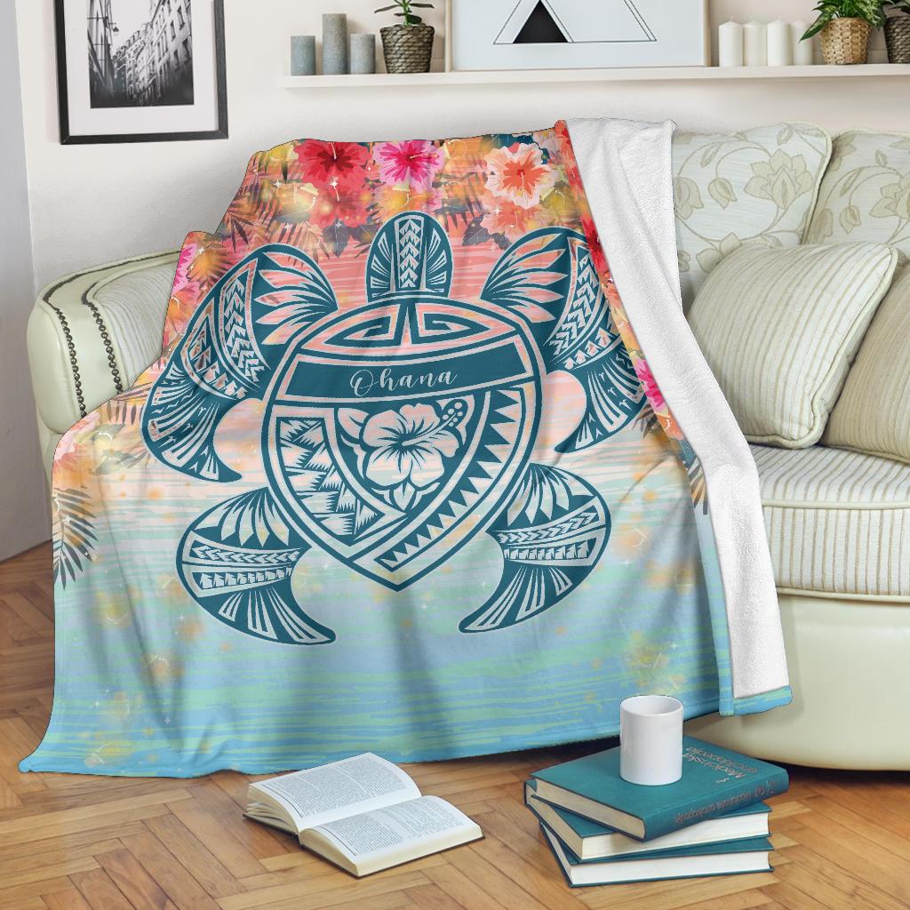 Hawaii Turtle Ohana Stary Night Hibiscus Premium Blanket White - Polynesian Pride