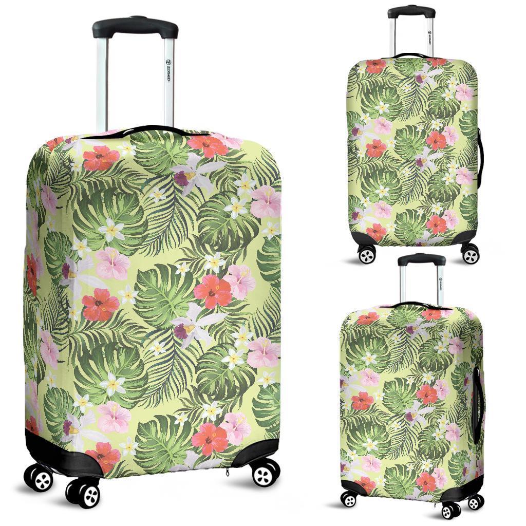 Tropical Hibiscus, Plumeria Green Luggage Cover White - Polynesian Pride