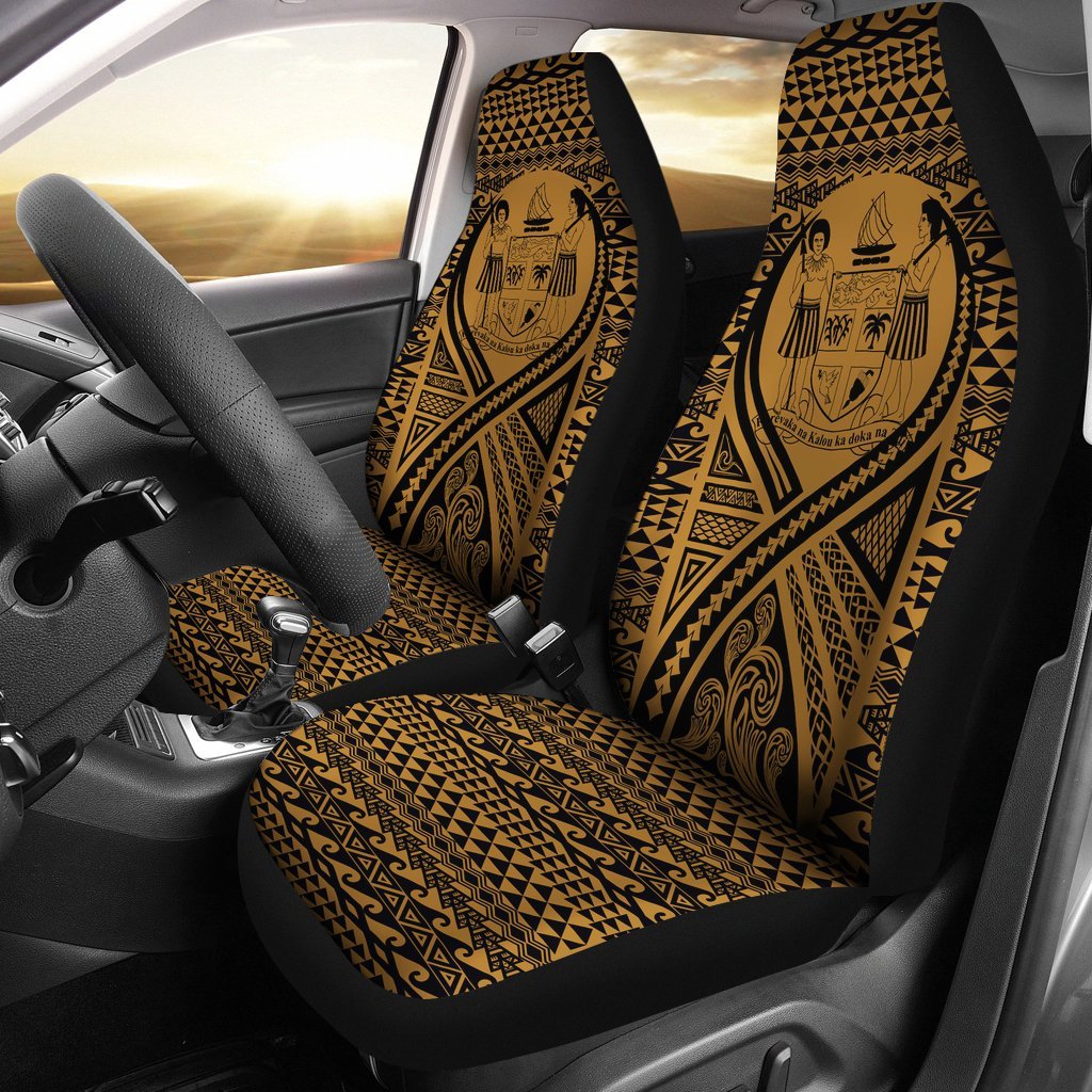 Fiji Car Seat Cover - Fiji Coat Of Arms Polynesian Tattoo Gold Universal Fit Gold - Polynesian Pride