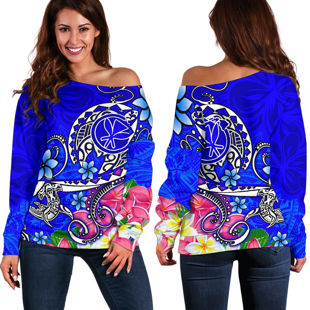 Hawaii Women's Off Shoulder Sweater - Turtle Plumeria Polynesian Tattoo Blue Color Blue - Polynesian Pride