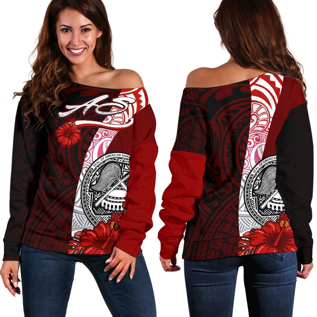 American Samoa Polynesian Women's Off Shoulder Sweater - Coat Of Arm With Hibiscus Red - Polynesian Pride