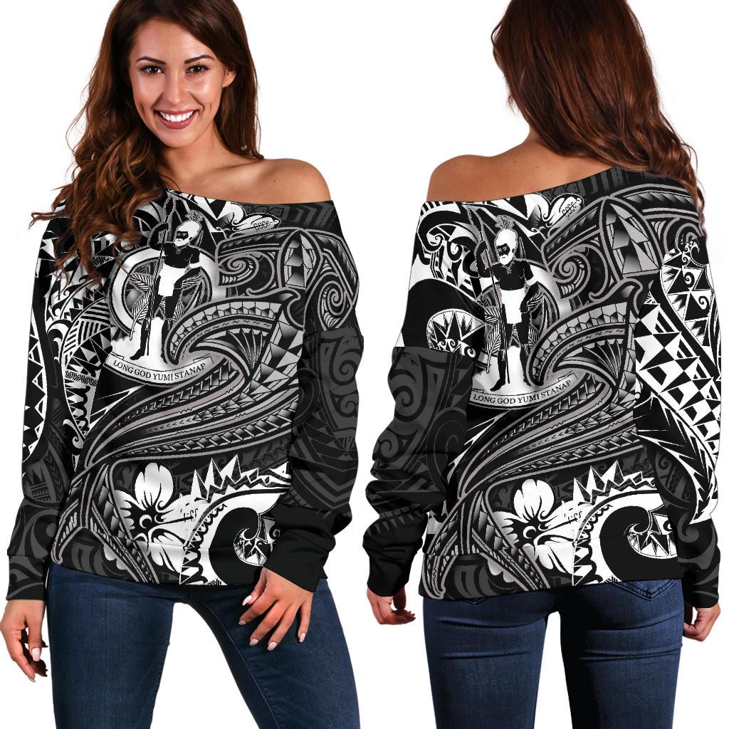 Vanuatu Polynesian Women's Off Shoulder Sweater - White Shark Polynesian Tattoo White - Polynesian Pride