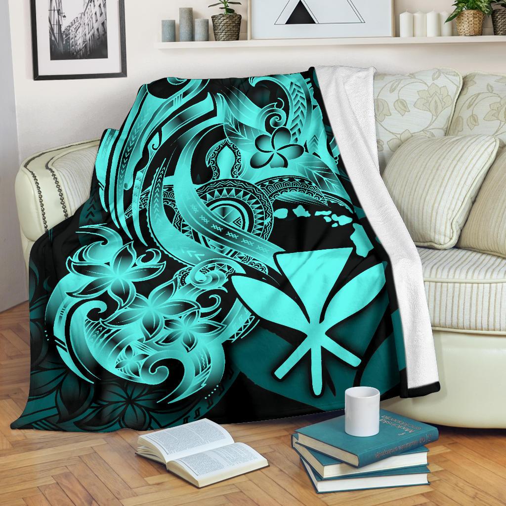 Polynesian Hawaii All Over Premium Blanket - Kanaka Maoli Blue Turtle White - Polynesian Pride