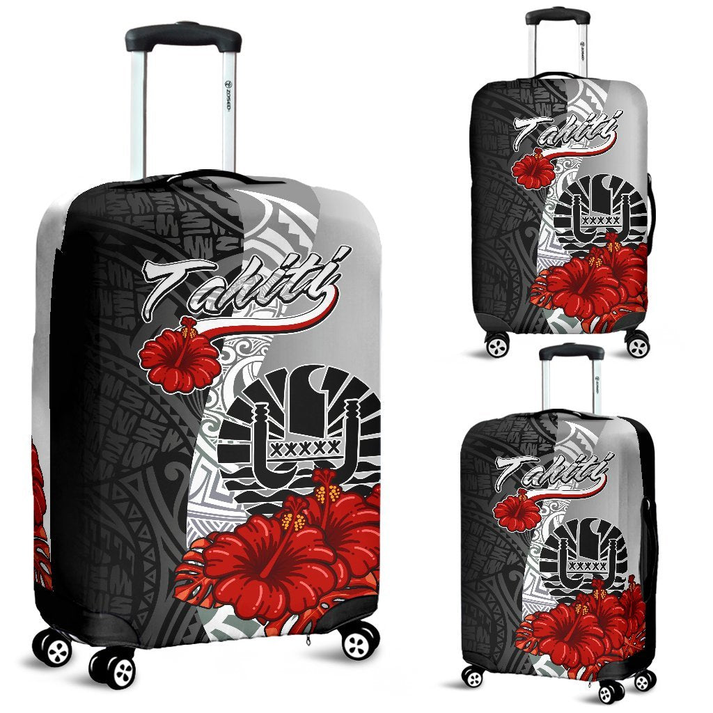 Tahiti Polynesian Luggage Covers - Coat Of Arm With Hibiscus White Black - Polynesian Pride