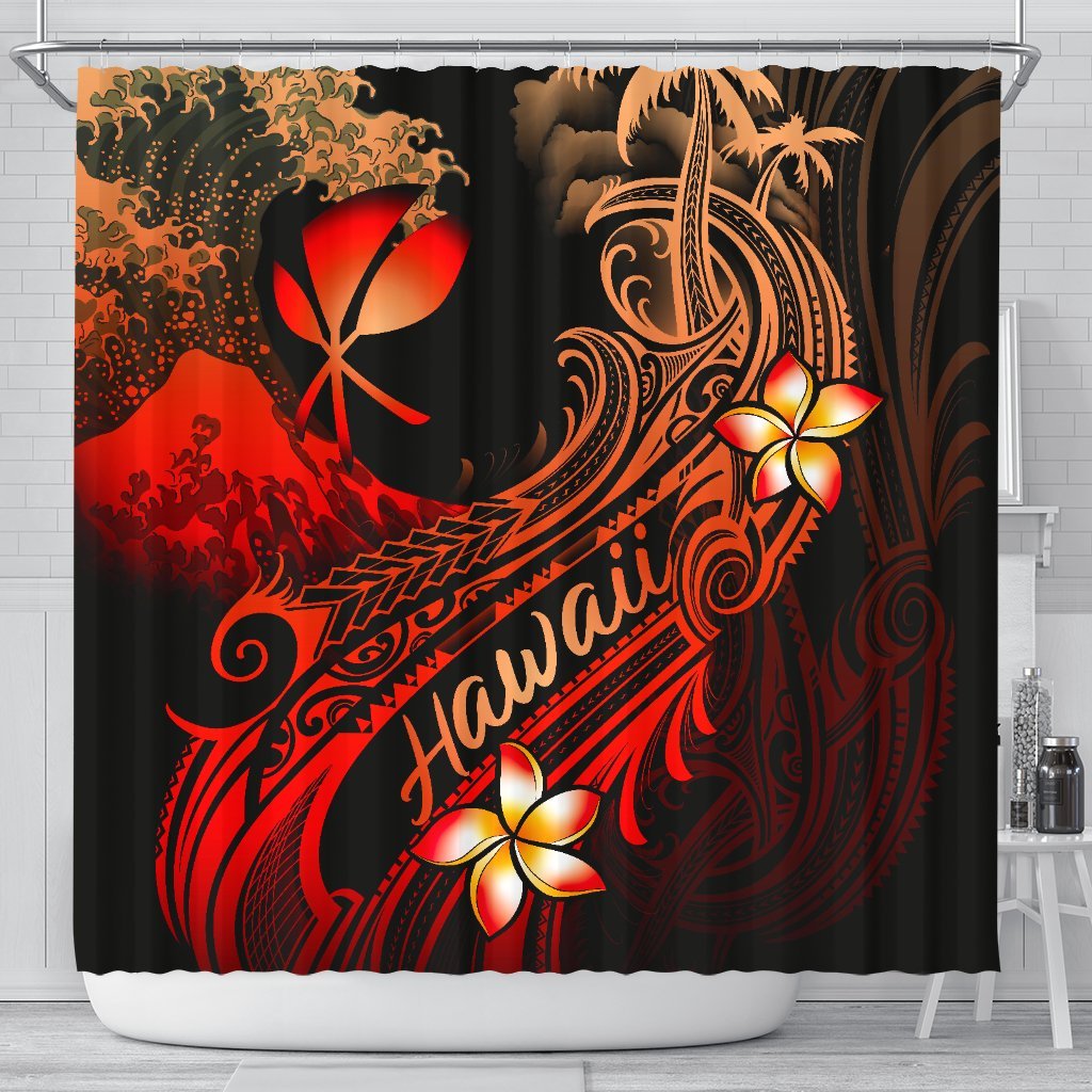 Hawaii Polynesian Shower Curtain - Plumeria Flowers And Waves 177 x 172 (cm) Red - Polynesian Pride