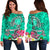 Hawaii Women's Off Shoulder Sweater - Turtle Plumeria Polynesian Tattoo Turquoise Color Turquoise - Polynesian Pride