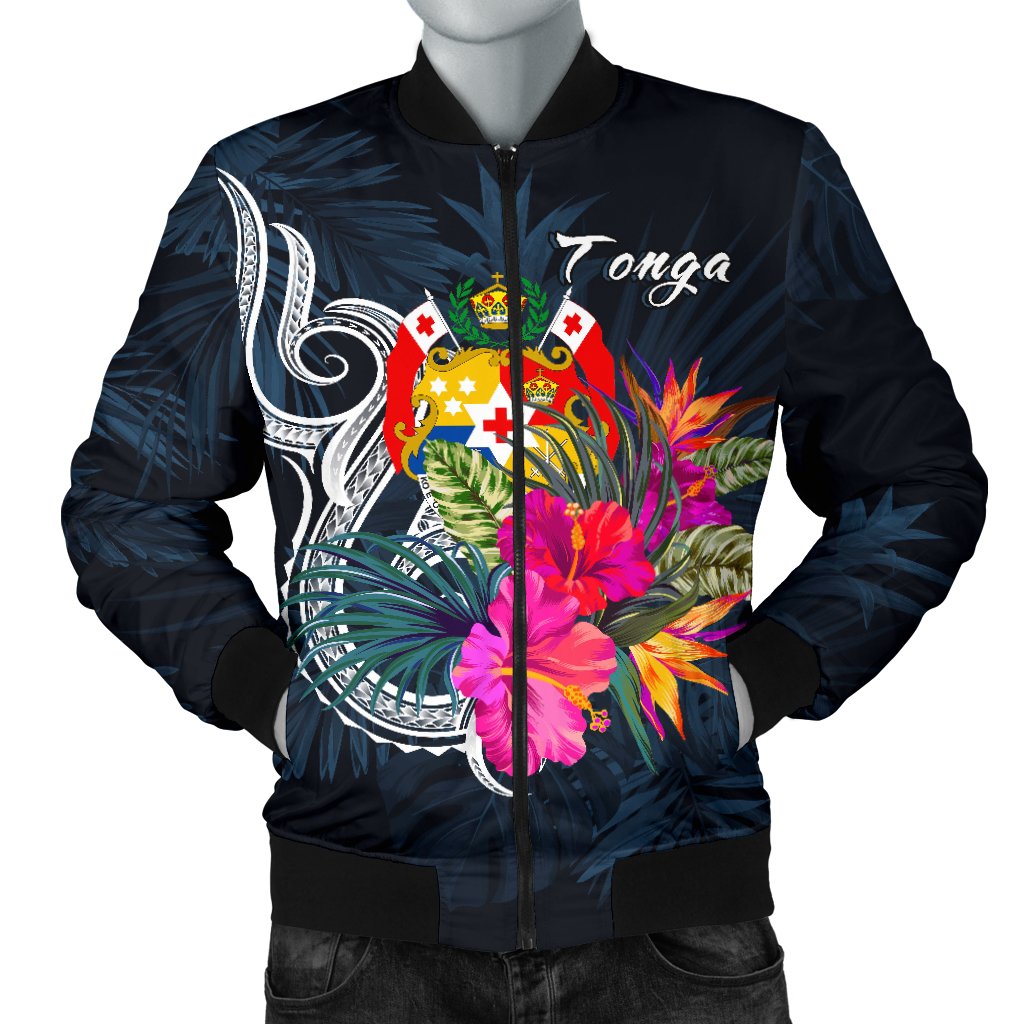 Tonga Polynesian Men's Bomber Jacket - Tropical Flower Blue - Polynesian Pride