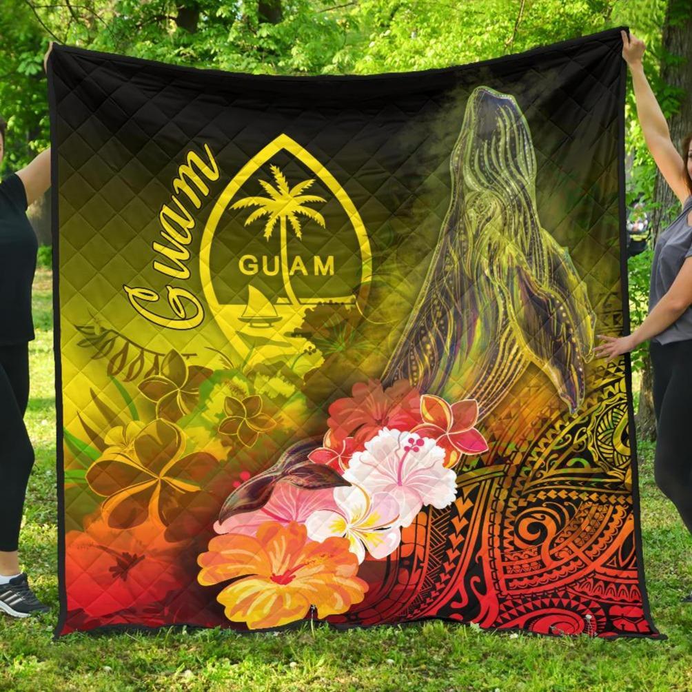 Guam Premium Quilt - Humpback Whale with Tropical Flowers (Yellow) Yellow - Polynesian Pride