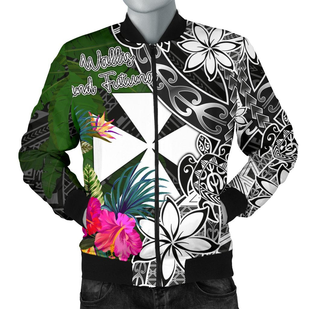 Wallis and Futuna Men Bomber Jacket - Turtle Plumeria Banana Leaf Black - Polynesian Pride