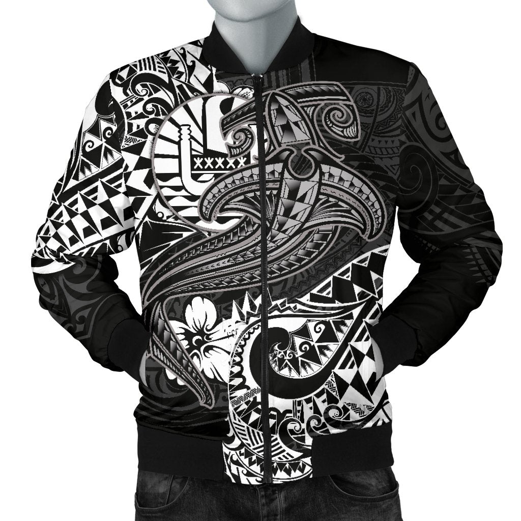 Tahiti Men's Bomber Jacket - White Shark Polynesian Tattoo White - Polynesian Pride