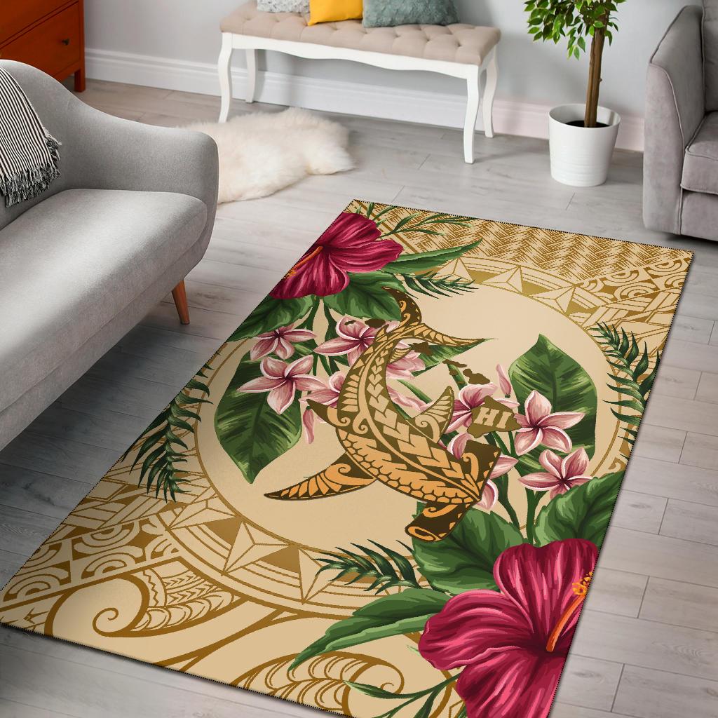 hawaii Rug - Hammerhead Shark Rug Strong Pattern Hibiscus Plumeria AH Gold - Polynesian Pride