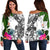 Nauru Women's Off Shoulder Sweater White - Turtle Plumeria Banana Leaf White - Polynesian Pride