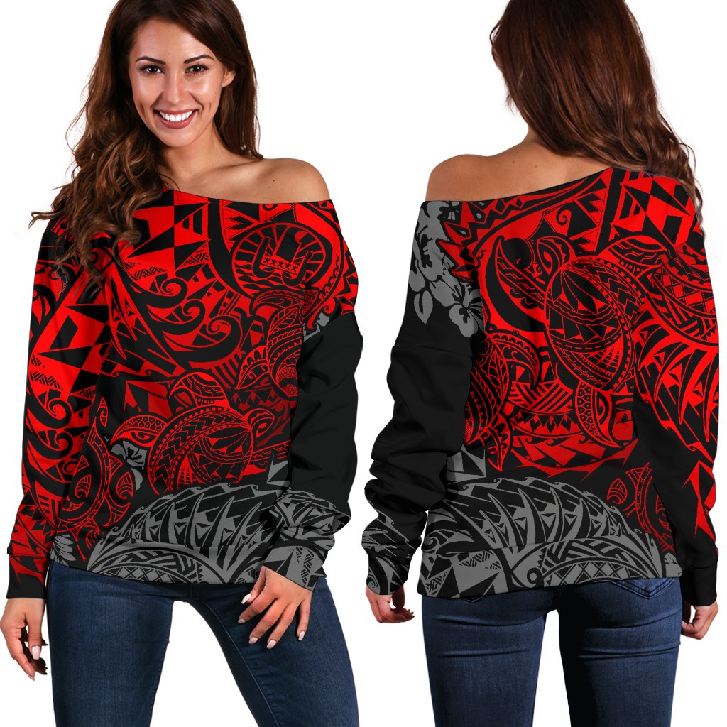 Tahiti Polynesian Women Off Shoulder Sweater - Red Turtle Hibiscus Flowing RED - Polynesian Pride