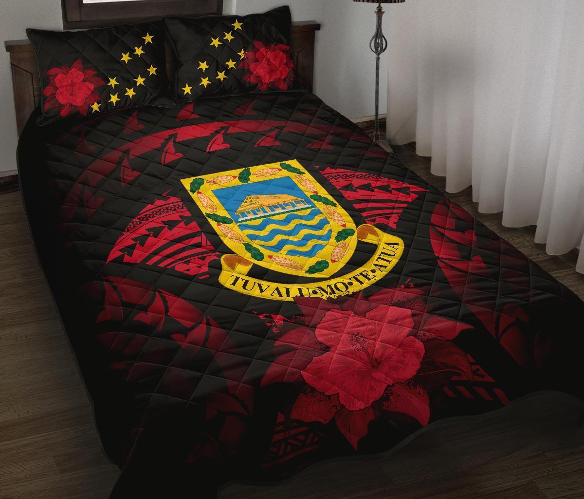 Tuvalu Polynesian Quilt Bed Set Hibiscus Red Black - Polynesian Pride