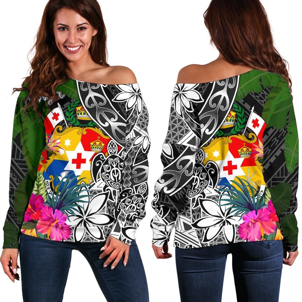 Tonga Off Shoulder Sweater - Turtle Plumeria Banana Leaf Black - Polynesian Pride