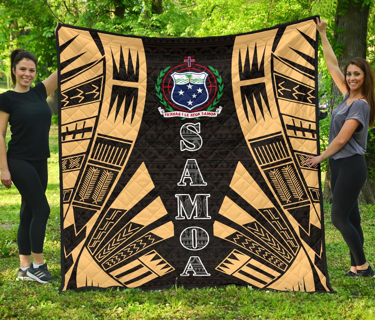 Samoa Premium Quilt - Samoa Coat Of Arms Polynesian Gold Tattoo Gold - Polynesian Pride
