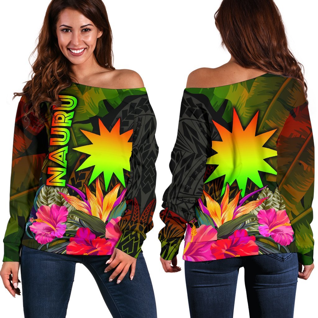 Nauru Polynesian Women's Off Shoulder Sweater - Hibiscus and Banana Leaves Art - Polynesian Pride