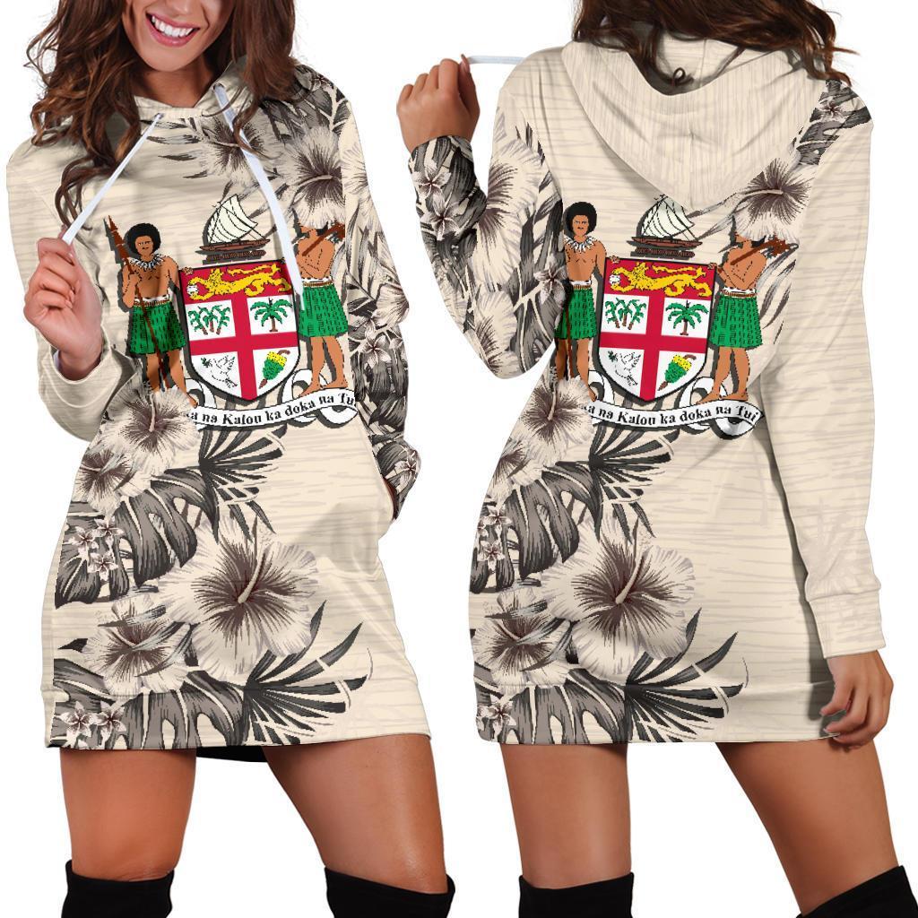 Fiji Hoodie Dress - Fiji Coat Of Arms & Beige Hibiscus White - Polynesian Pride