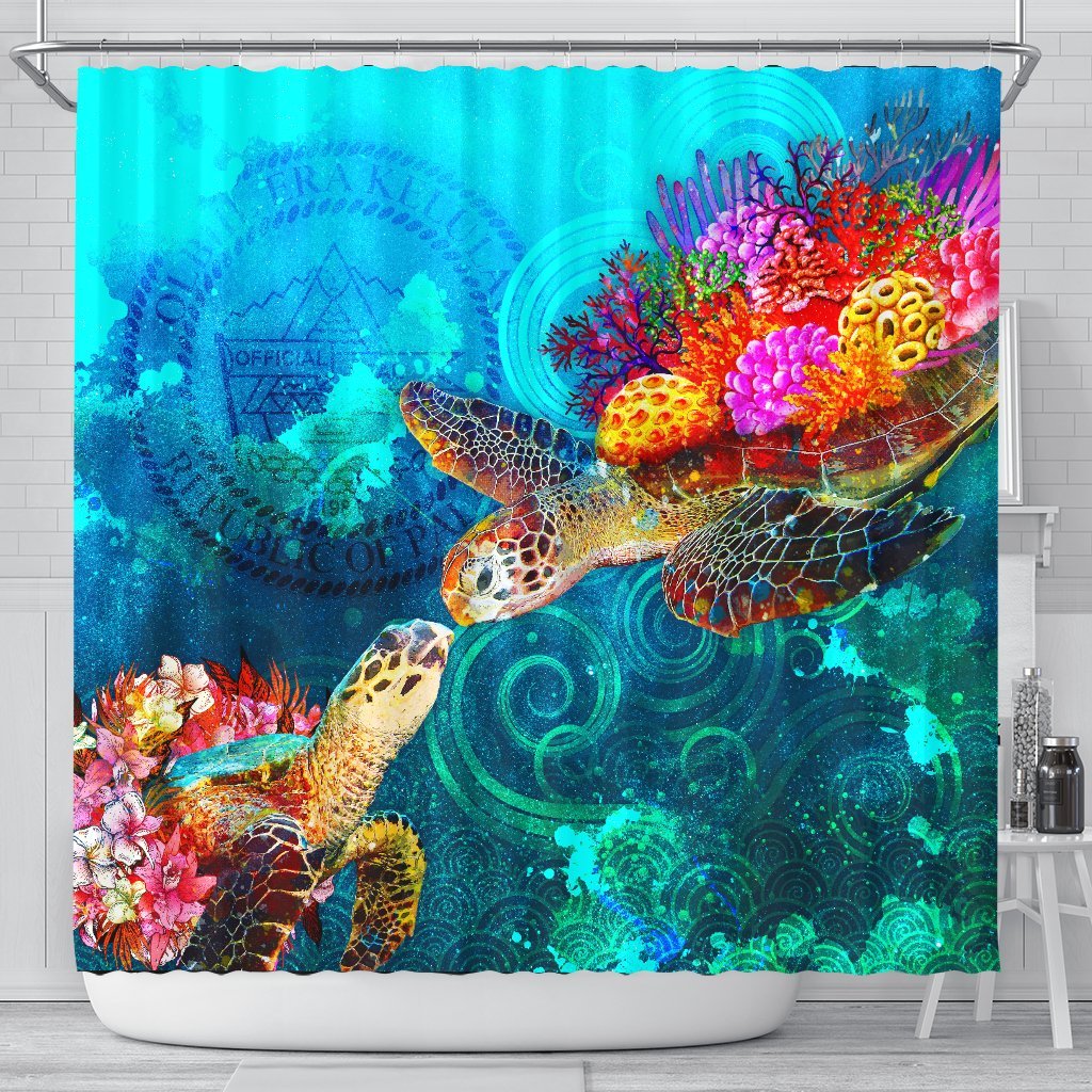 Palau Shower Curtain - Sea Turtle Coral Treasure 177 x 172 (cm) BLACK - Polynesian Pride