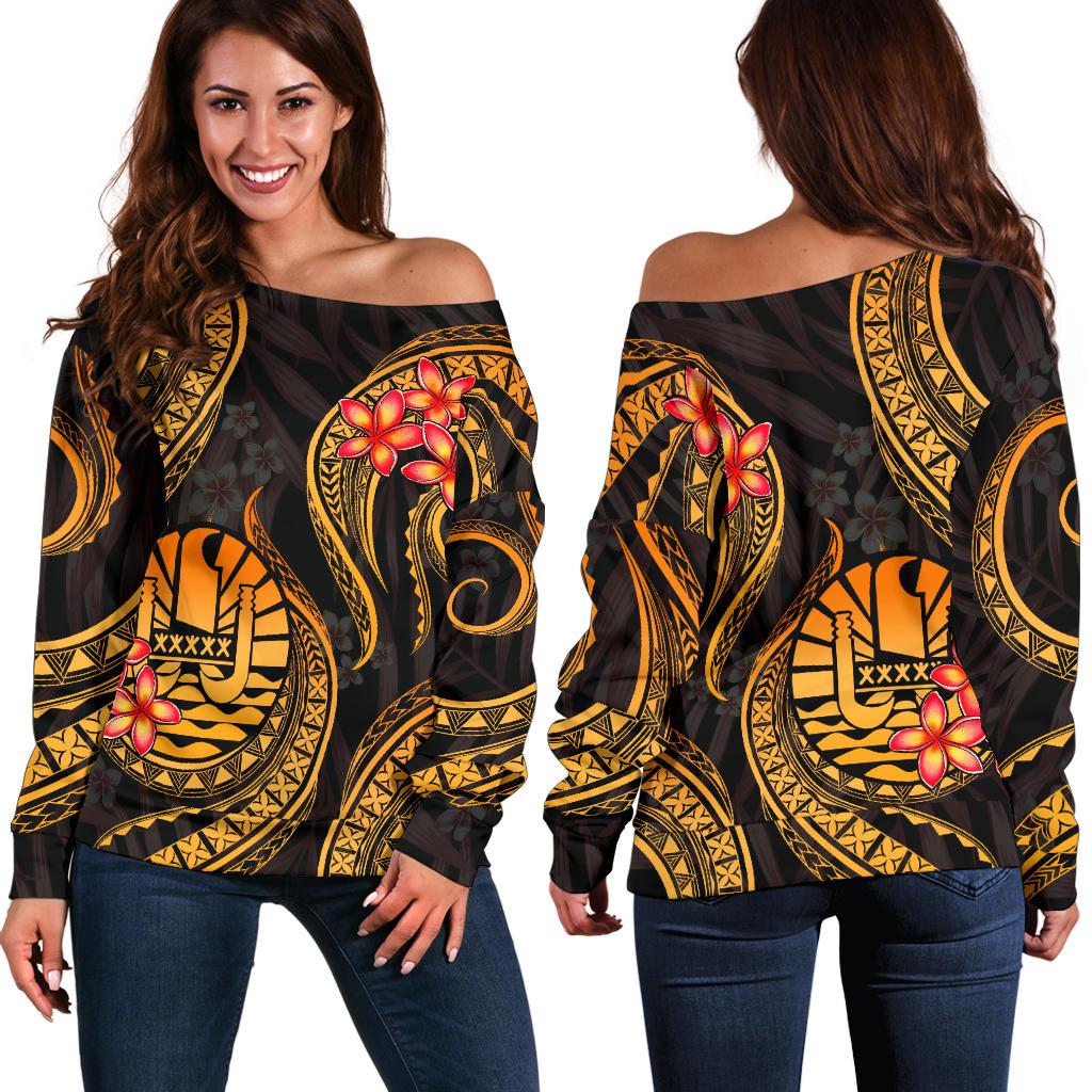 Tahiti Polynesian Off Shoulder Sweater - Gold Plumeria Gold - Polynesian Pride