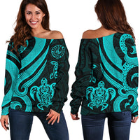Tahiti Polynesian Women Of Shoulder Sweater - Turquoise Tentacle Turtle Turquoise - Polynesian Pride
