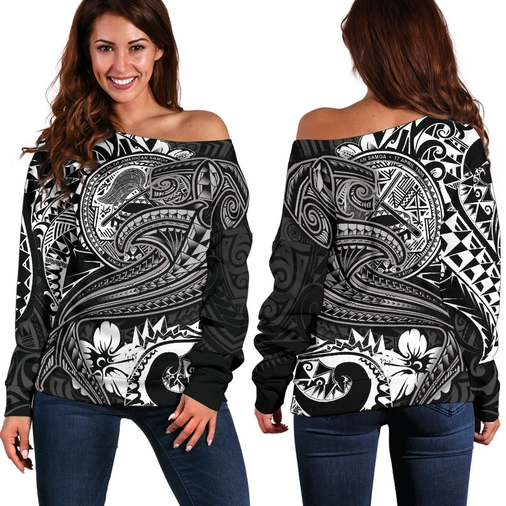 American Samoa Women's Off Shoulder Sweater - White Shark Polynesian Tattoo White - Polynesian Pride