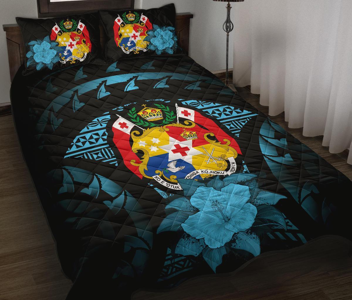 Tonga Polynesian Quilt Bed Set Hibiscus Blue Black - Polynesian Pride