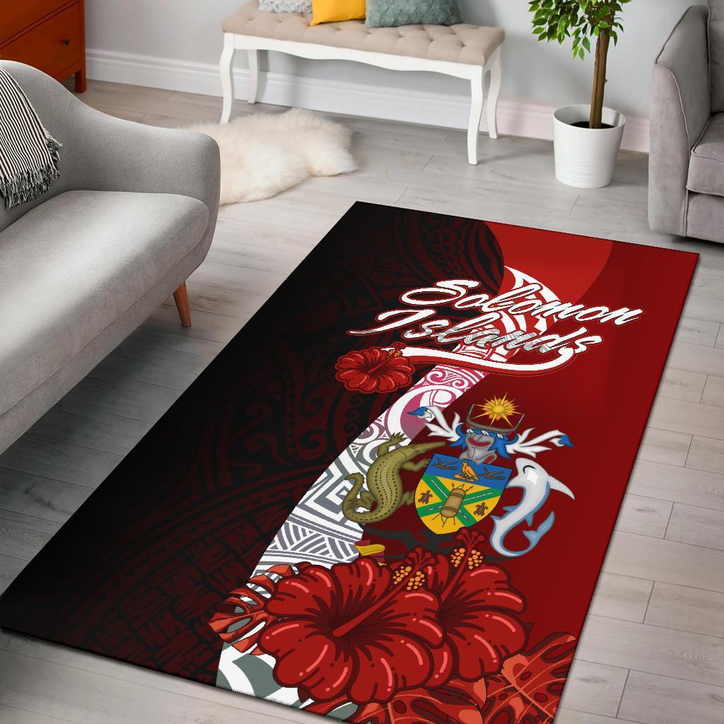 Solomon Islands Polynesian Area Rug - Coat Of Arm With Hibiscus Red - Polynesian Pride