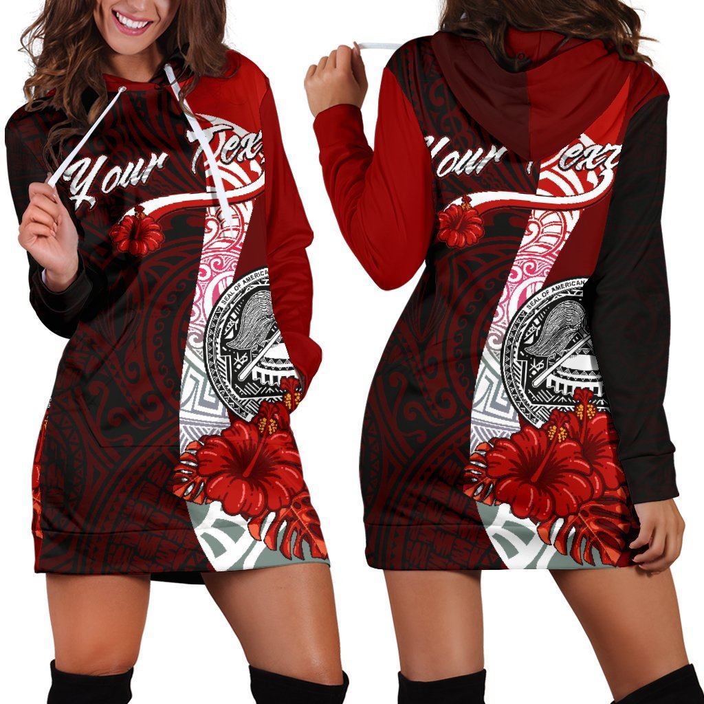 American Samoa Polynesian Custom Personalised Hoodie Dress - Coat Of Arm With Hibiscus Red - Polynesian Pride