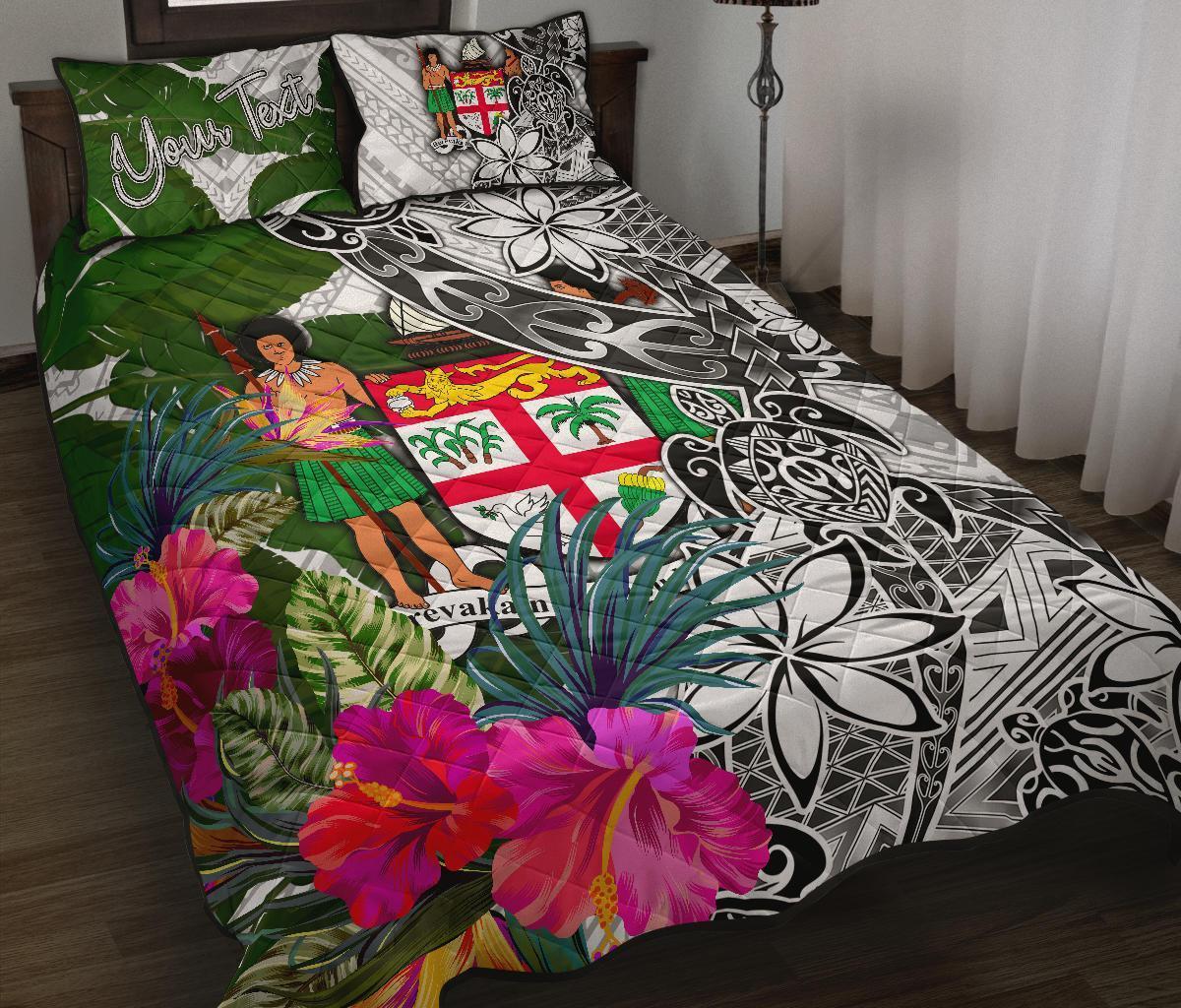 Fiji Custom Personalised Quilt Bet Set White - Turtle Plumeria Banana Leaf Crest White - Polynesian Pride