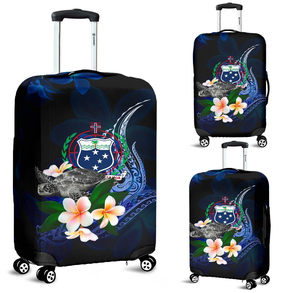 Samoa Polynesian Luggage Covers - Turtle With Plumeria Flowers Blue - Polynesian Pride