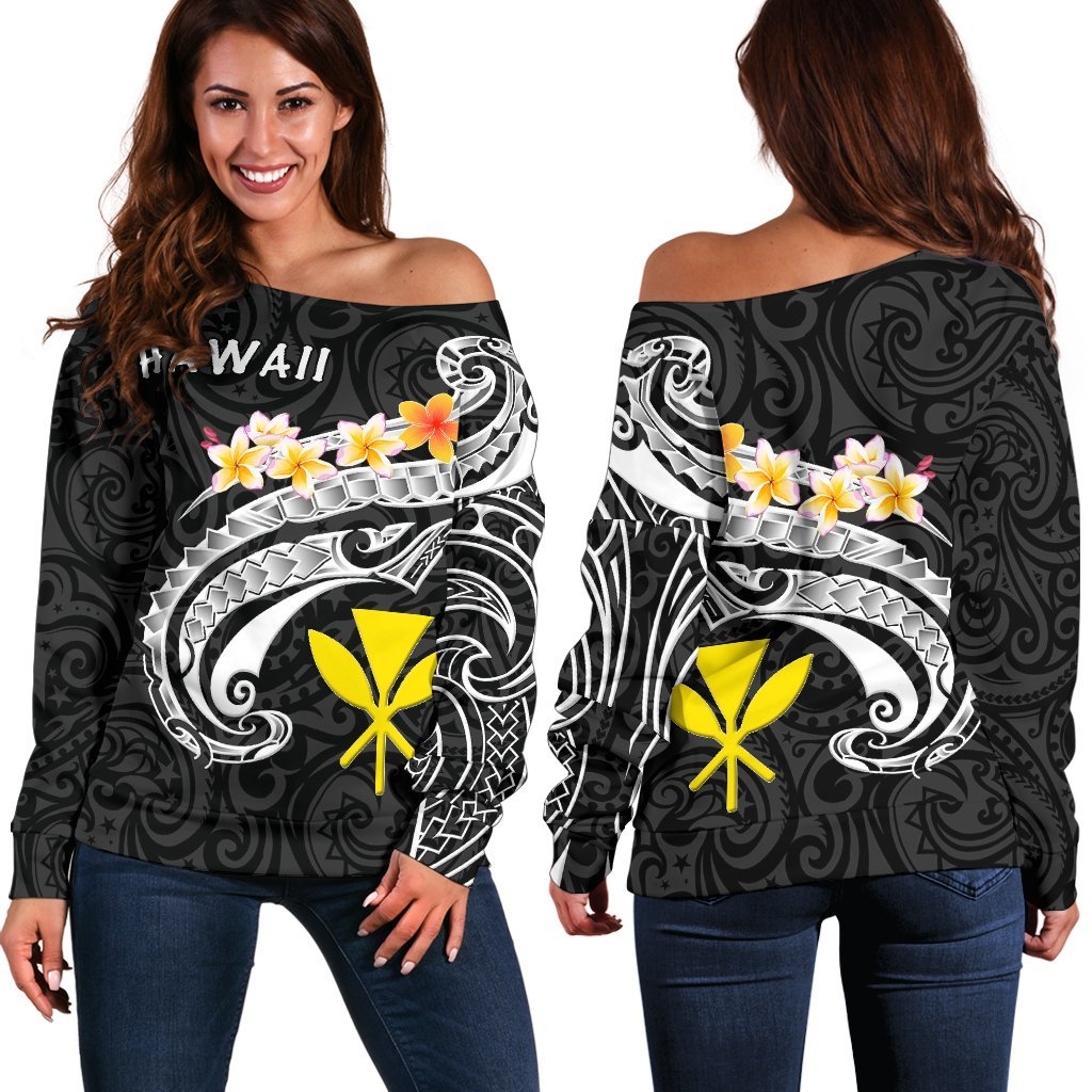 Hawaii Women's Off Shoulder Sweater - Kanaka Maoli Polynesian Patterns Plumeria (Black) - Polynesian Pride