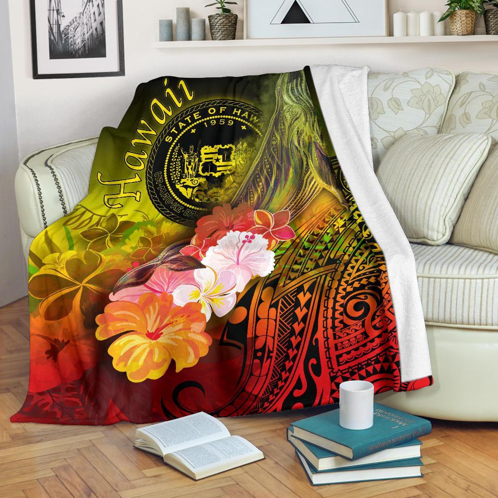 Polynesian Hawaii Premium Blanket - Humpback Whale with Tropical Flowers (Yellow) White - Polynesian Pride