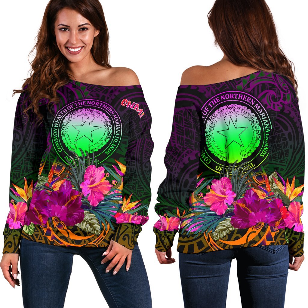 Northern Mariana Islands Polynesian Women's Off Shoulder Sweater - Summer Hibiscus Art - Polynesian Pride