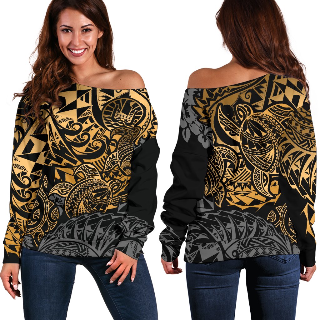 Tahiti Polynesian Women Off Shoulder Sweater - Gold Turtle Hibiscus Flowing Gold - Polynesian Pride