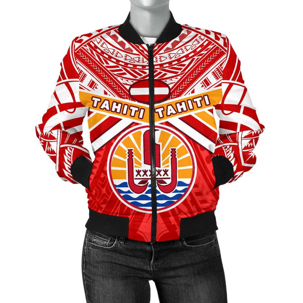 Tahiti Rugby Women Bomber Jacket Polynesian Coat Of Arms and Flag Red - Polynesian Pride