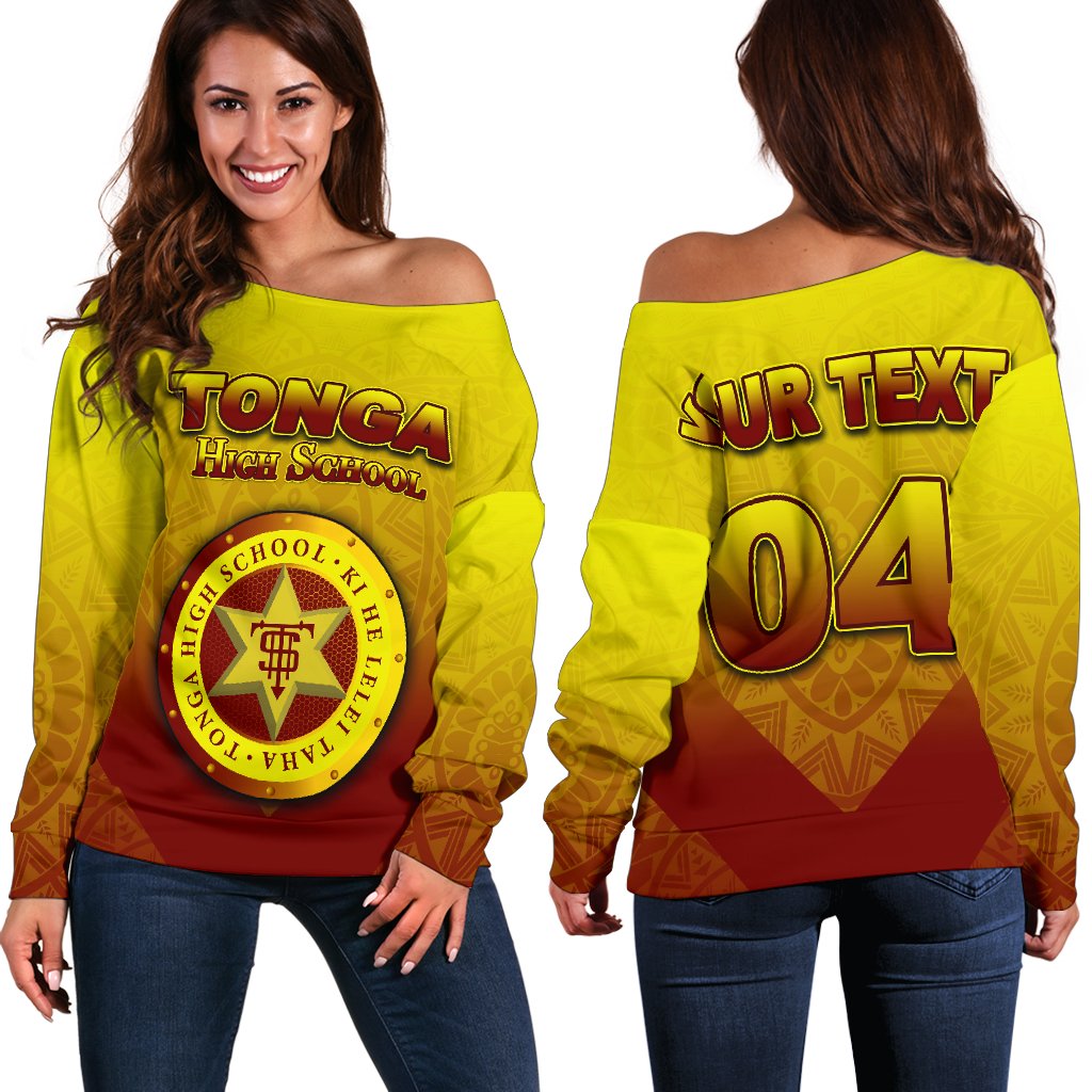 (Custom Personalised)Tonga High School Women's Off Shoulder Sweater Polynesian Style Yellow - Polynesian Pride