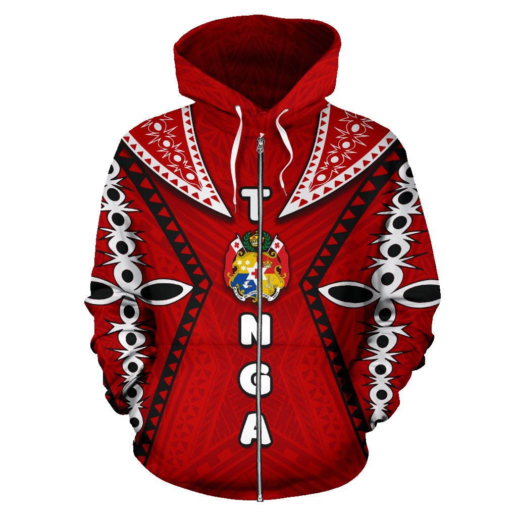 Tonga All Over Zip up Hoodie Ngatu Coat of Arms Unisex Red - Polynesian Pride