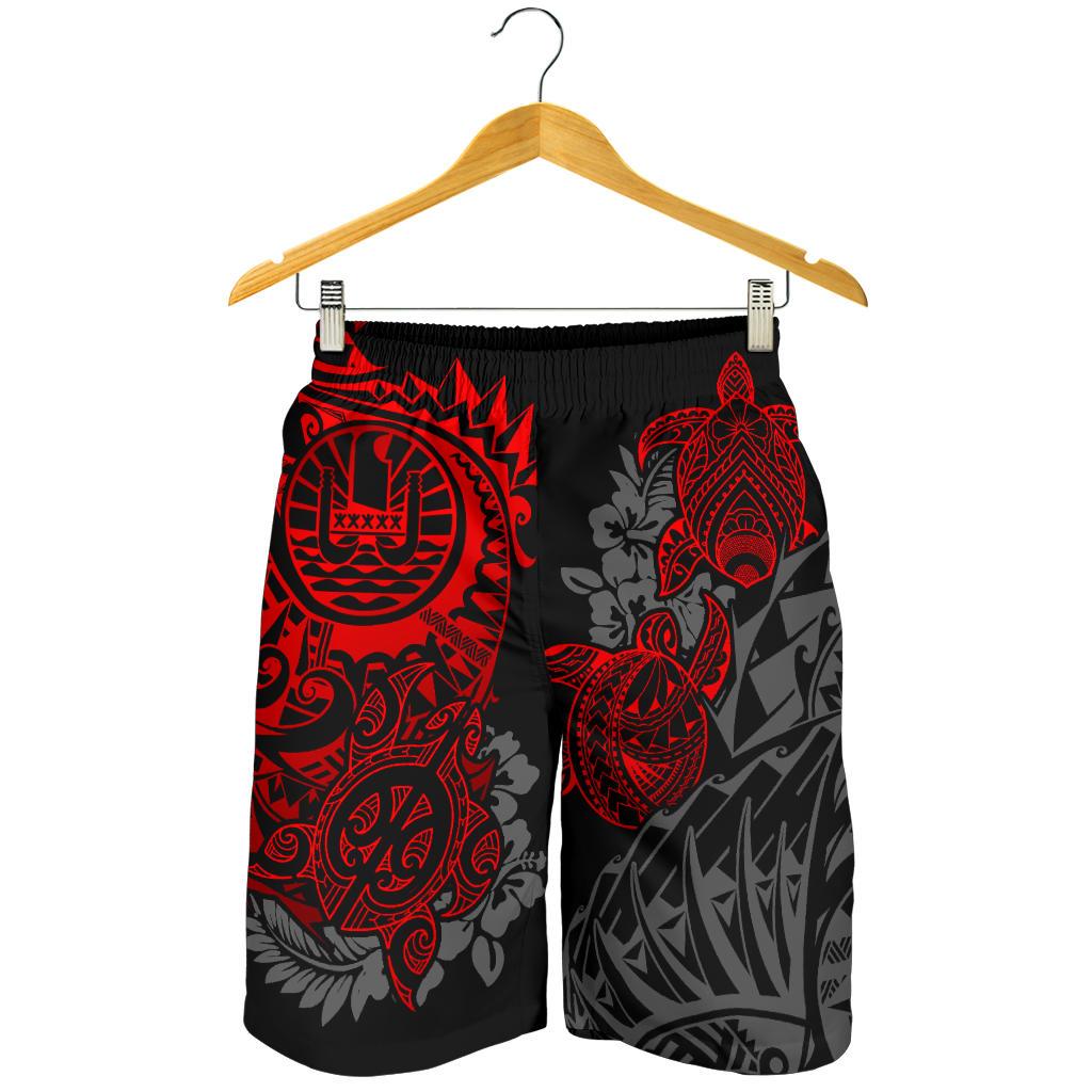 Tahiti Polynesian Men Shorts - Red Turtle Hibiscus Flowing - Polynesian Pride