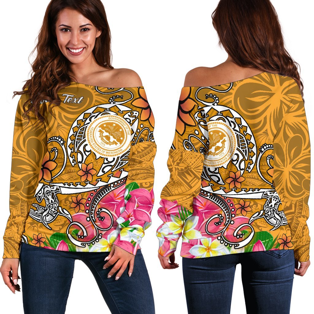 FSM Custom Personalised Women's Off Shoulder Sweater - Turtle Plumeria (Gold) Gold - Polynesian Pride