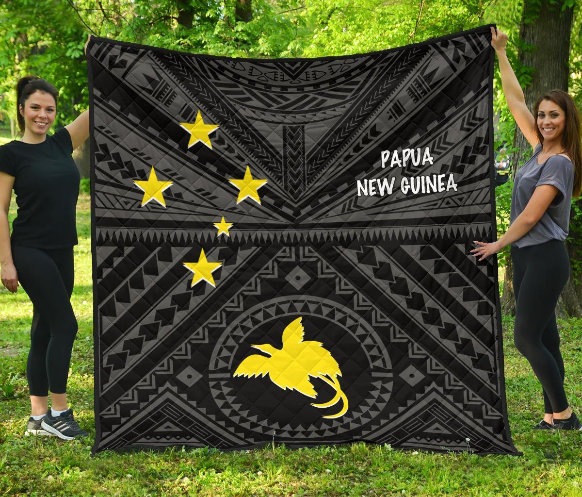 Papua New Guinea Premium Quilt - Flag With Polynesian Patterns (Black) - Polynesian Pride
