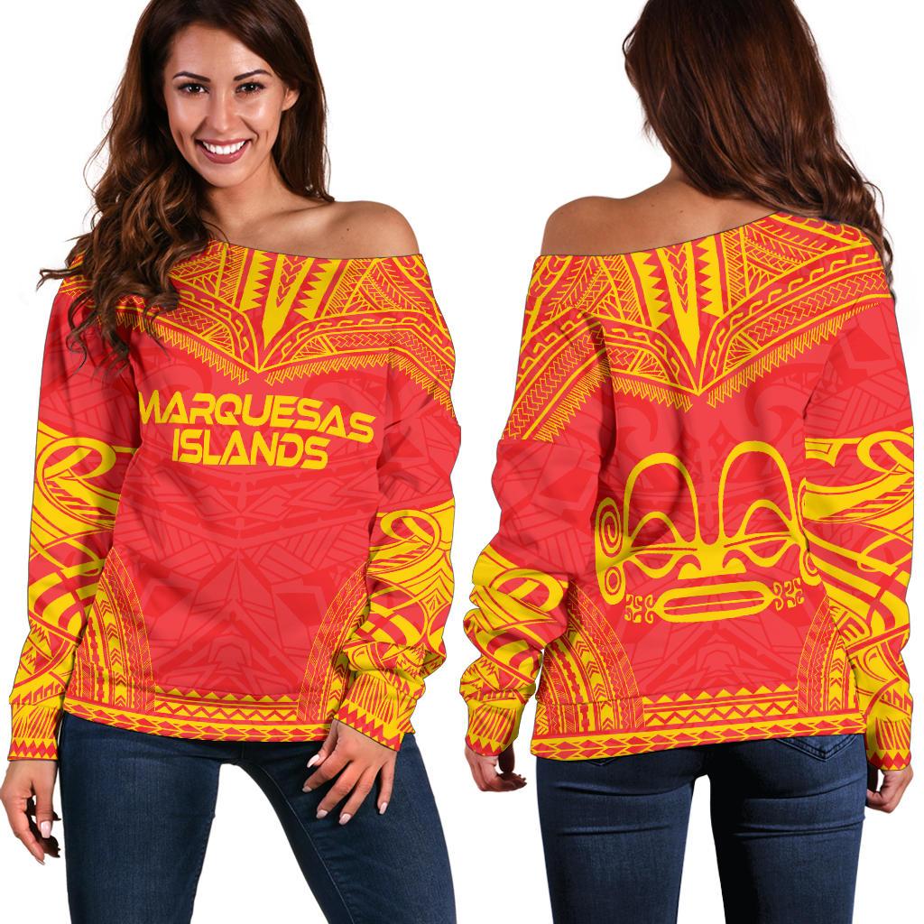 Marquesas Islands Flag Polynesian Chief Women's Off Shoulder Sweater Red - Polynesian Pride