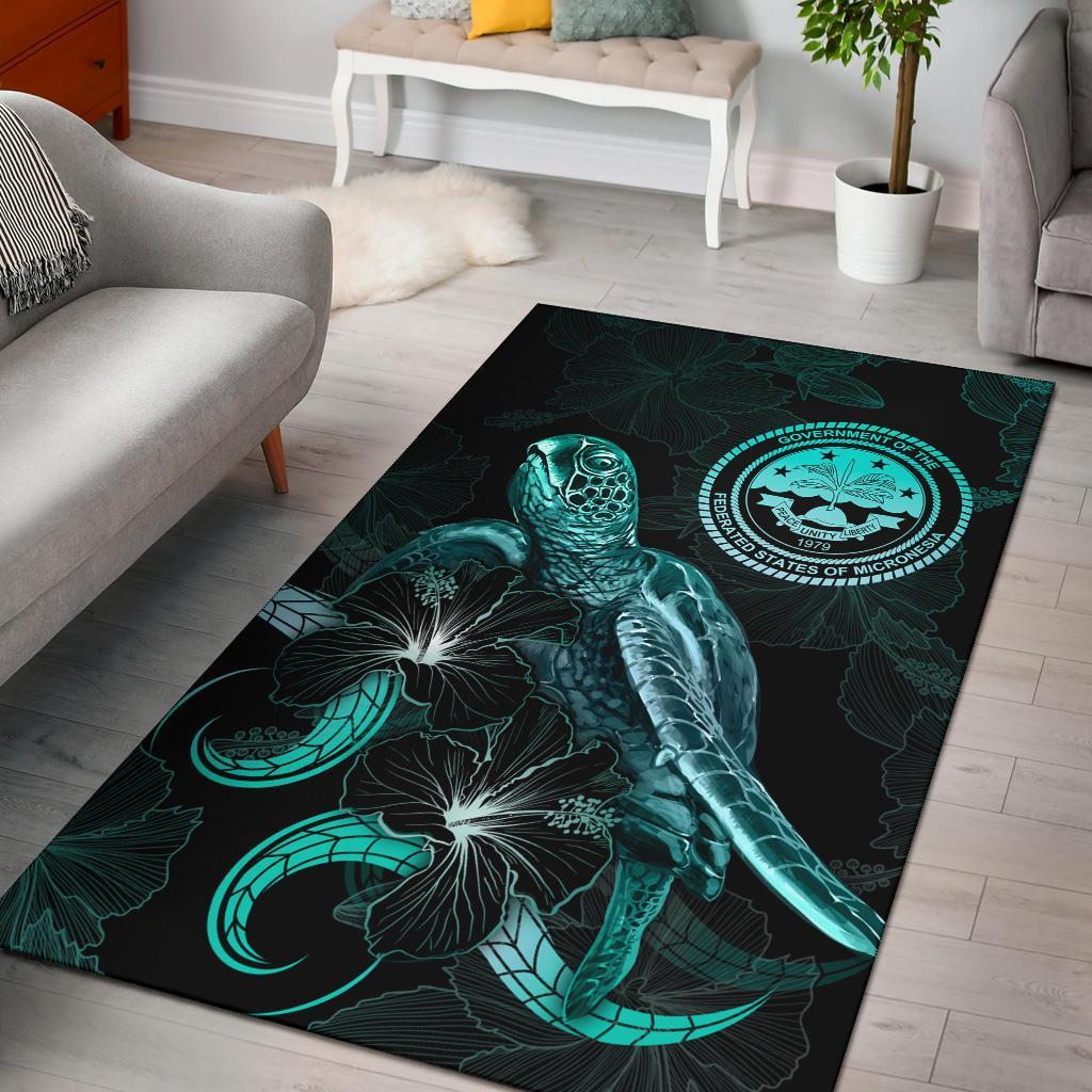 Federated States of Micronesia Polynesian Area Rugs - Turtle With Blooming Hibiscus Turquoise Turquoise - Polynesian Pride